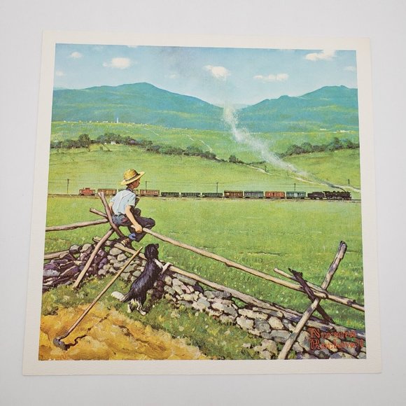 Vintage Norman Rockwell Art Print Kids 11 Inches Square Boy Watching Train NEW - Picture 1 of 3